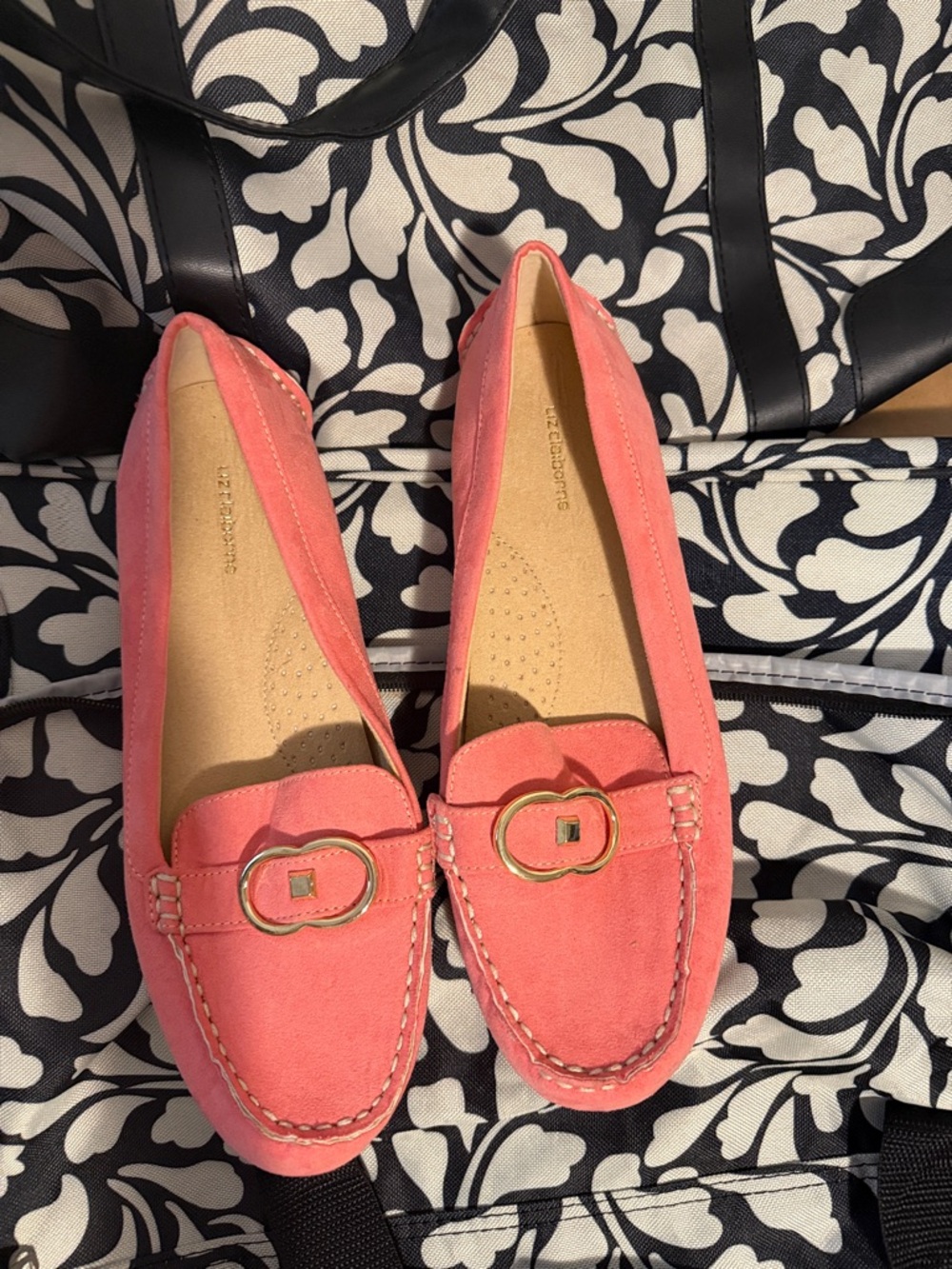 Liz Claiborne Coral-Pink Suede Loafers with Gold Buckle